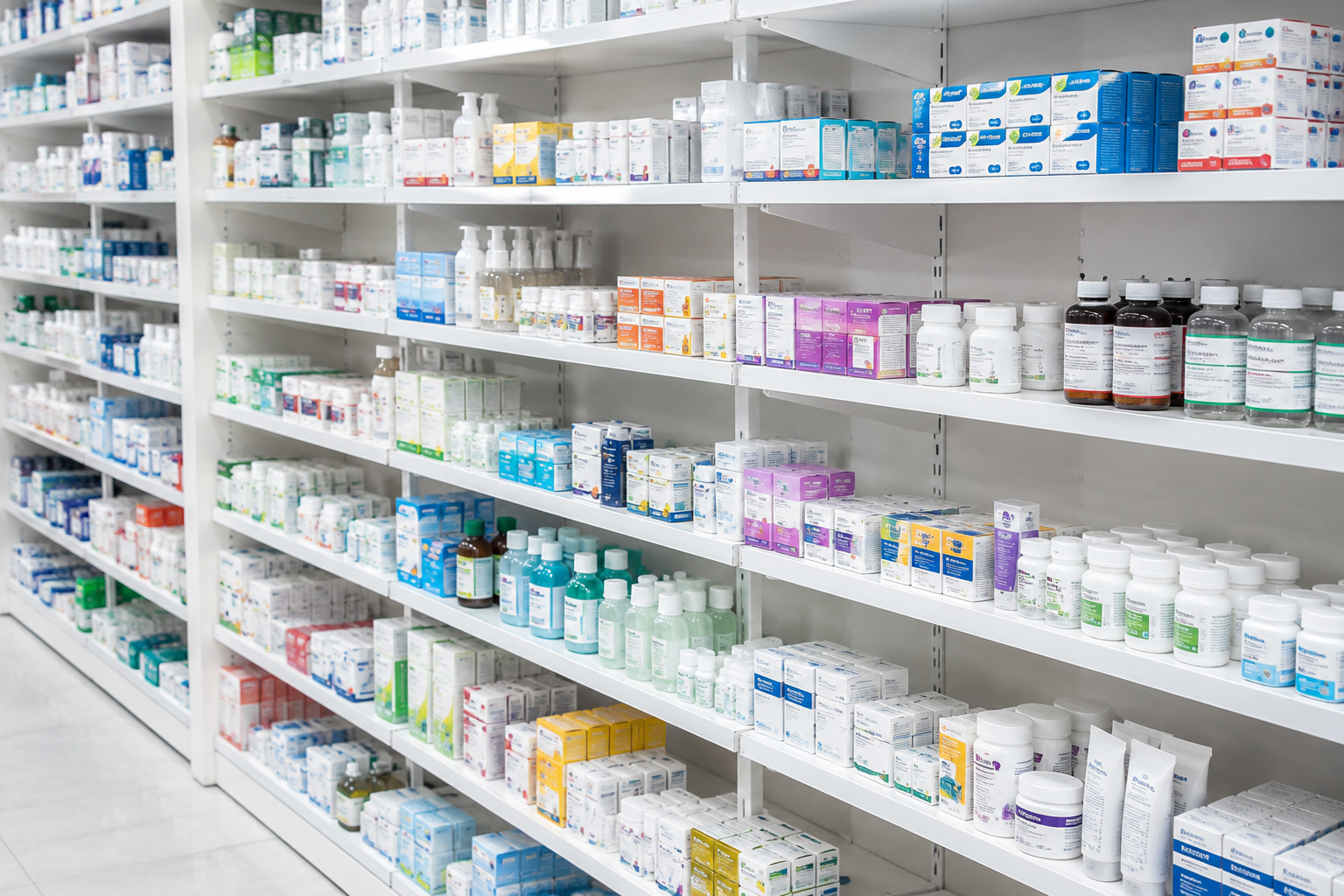 Shelves stocked with products at Juba Pharmacy